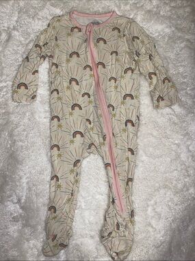 Mud Pie Cream Rainbow & Sun Footed One-Piece with Pink Trim